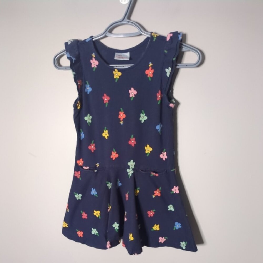Hanna Andersson Flower Ruffle Dress Navy Size 6/7‎ (120cm) Pockets Cap Sleeves